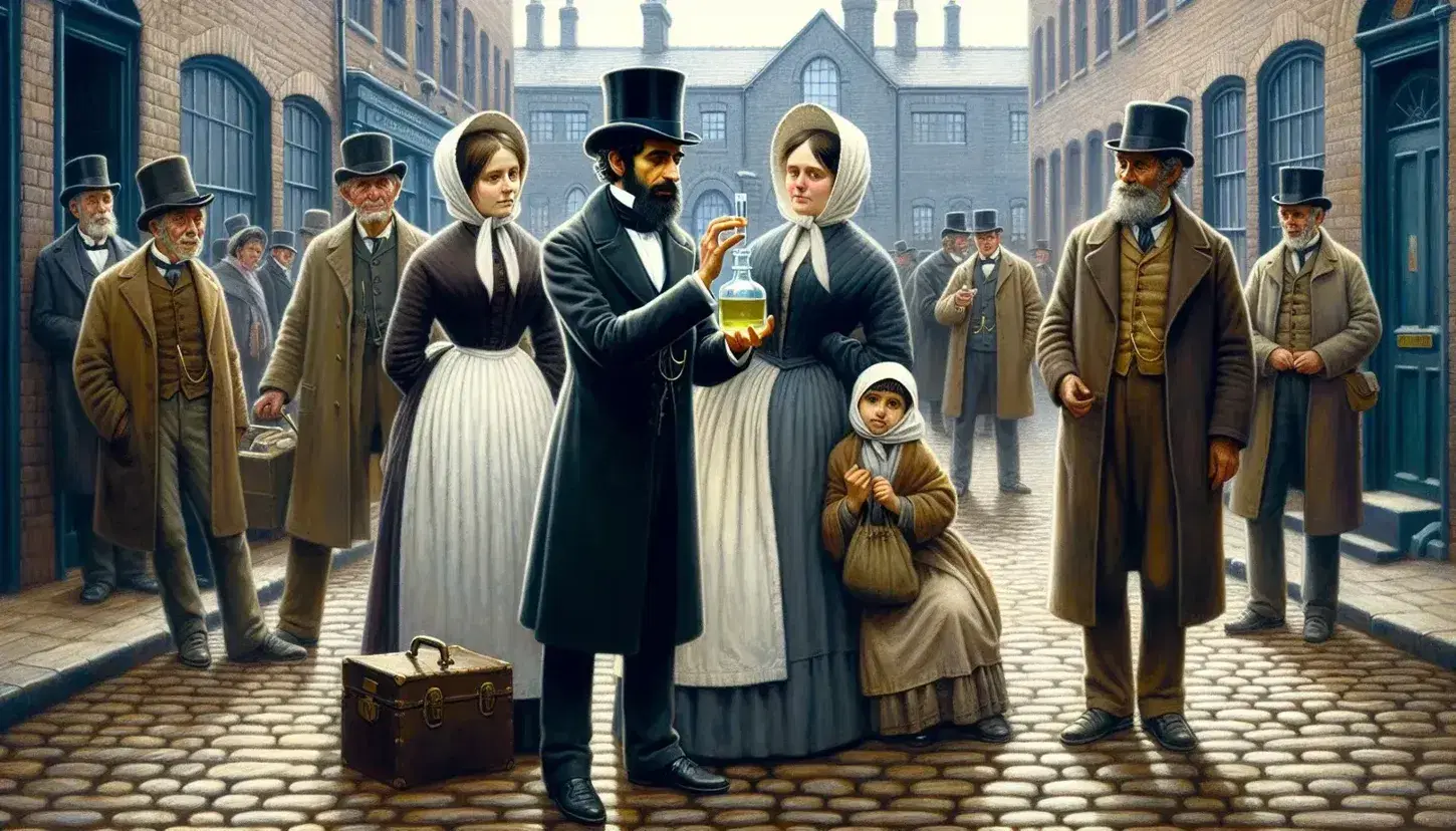 Victorian doctor of South Asian descent examines a bottle of liquid, with diverse onlookers and a brass water pump in a cobbled 19th-century British street.