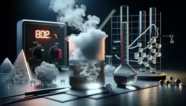 Scena di laboratorio con becher di vetro e liquido in ebollizione, termometro, piastra riscaldante, sostanze cristalline e solido amorfo.