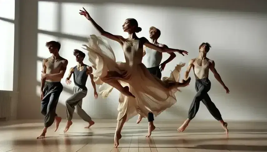 Grupo de cinco bailarines en actuación de danza moderna, con una bailarina central en salto dinámico y vestido crema, rodeada por compañeros en tonos grises y negros.