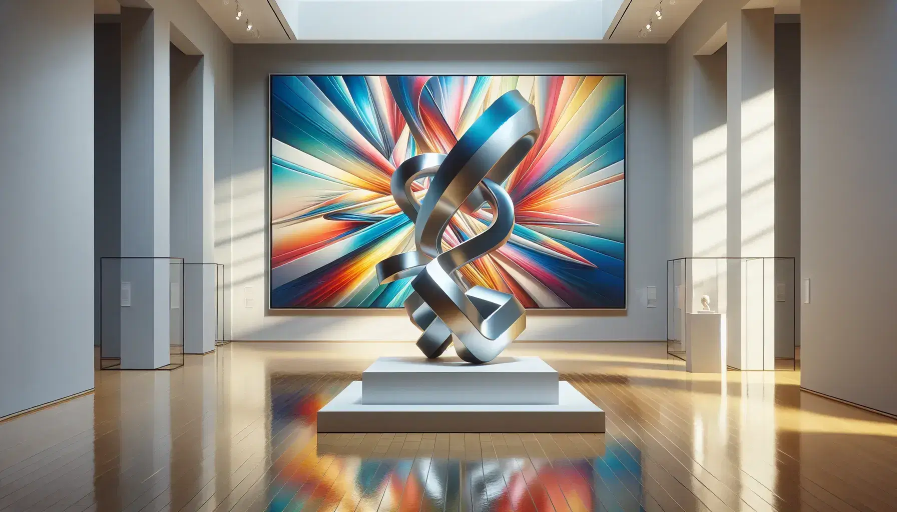 Sala de museo con escultura abstracta metálica en pedestal, cuadro de pinceladas vibrantes y videoinstalación artística, iluminación suave y sin personas.