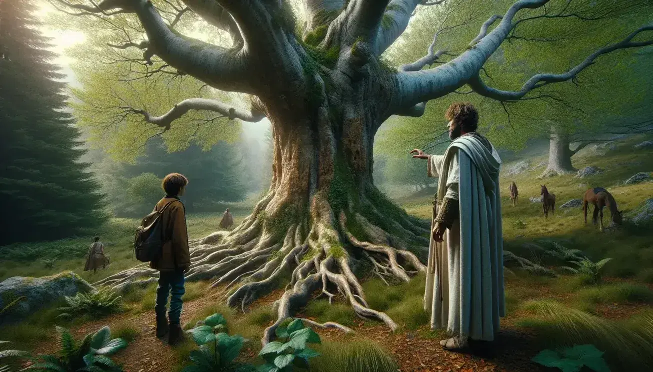 Árbol frondoso con raíces visibles en un parque, hombre al estilo griego antiguo y niños explorando la naturaleza en un día soleado.