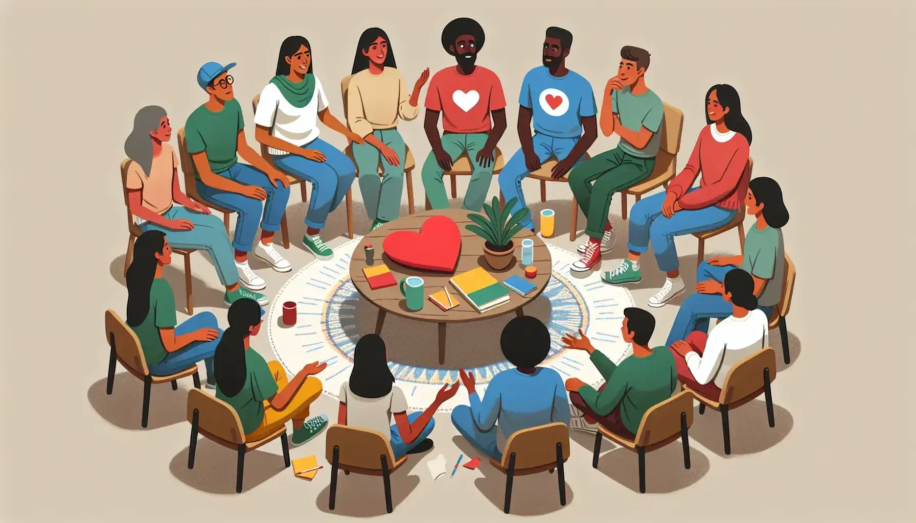 Diverse group engaged in a lively discussion led by a South Asian woman, with a heart pillow, plant, water bottle, and notebook on the table.