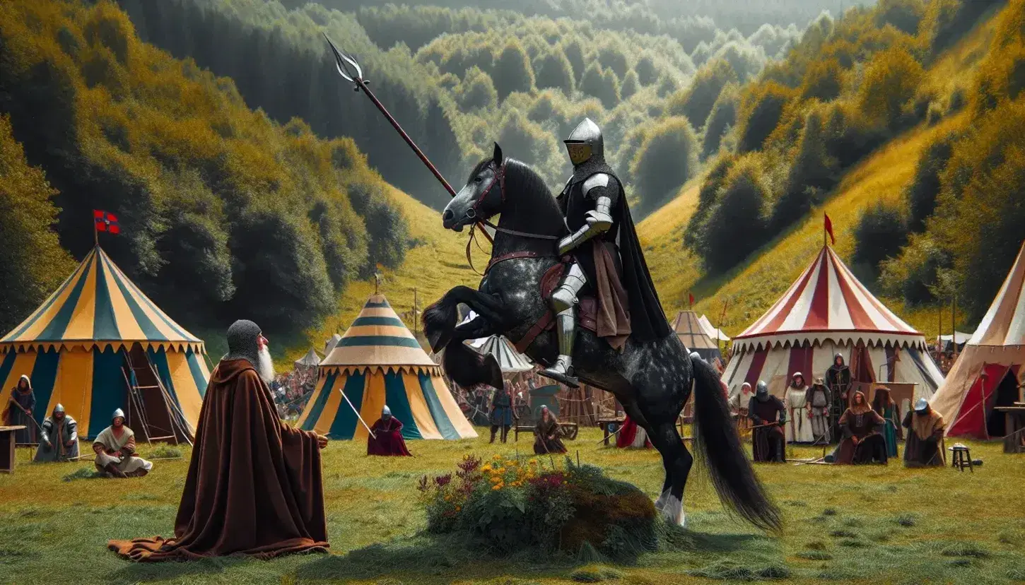 Cavaliere in armatura su cavallo grigio scuro in posa eretta con lancia durante torneo medievale, con tende colorate e eremita osservante.