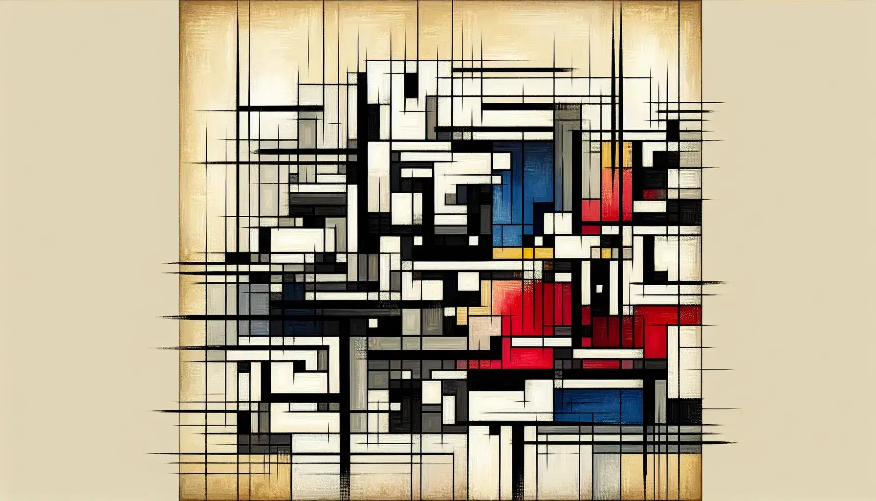 Quadro astratto con griglia irregolare di linee nere verticali e orizzontali, spessori vari, e blocchi colorati in rosso, blu e giallo su sfondo neutro.