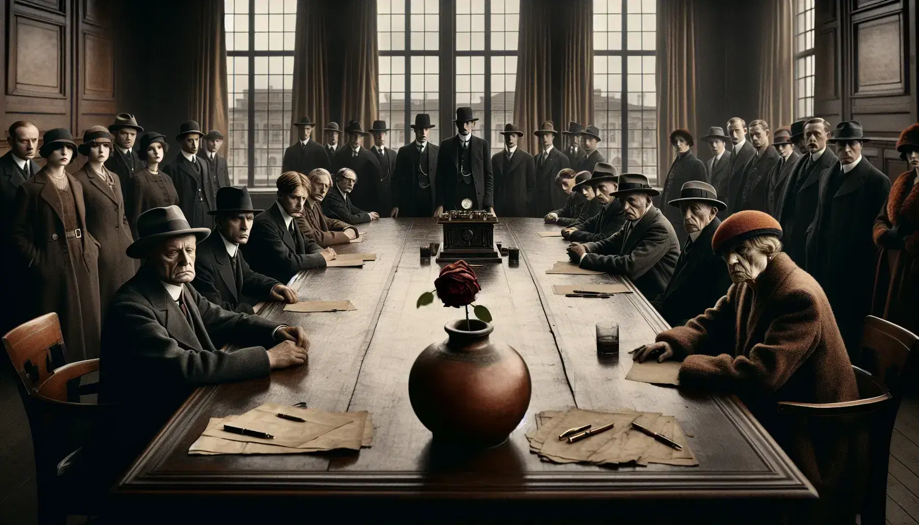 Group of solemn individuals in 1920s attire gathered around a table with a wilted rose, in a room with a view of an overcast cityscape.