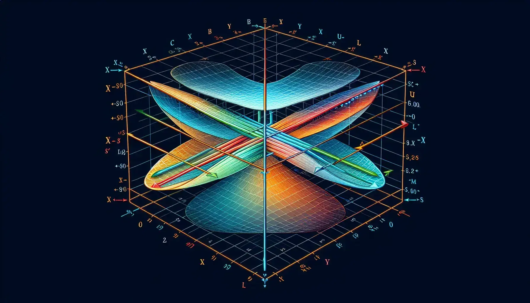 Three-dimensional coordinate system with red x-axis, green y-axis, blue z-axis, intersecting light blue xy-plane, light orange xz-plane, and a black line representing a vector.