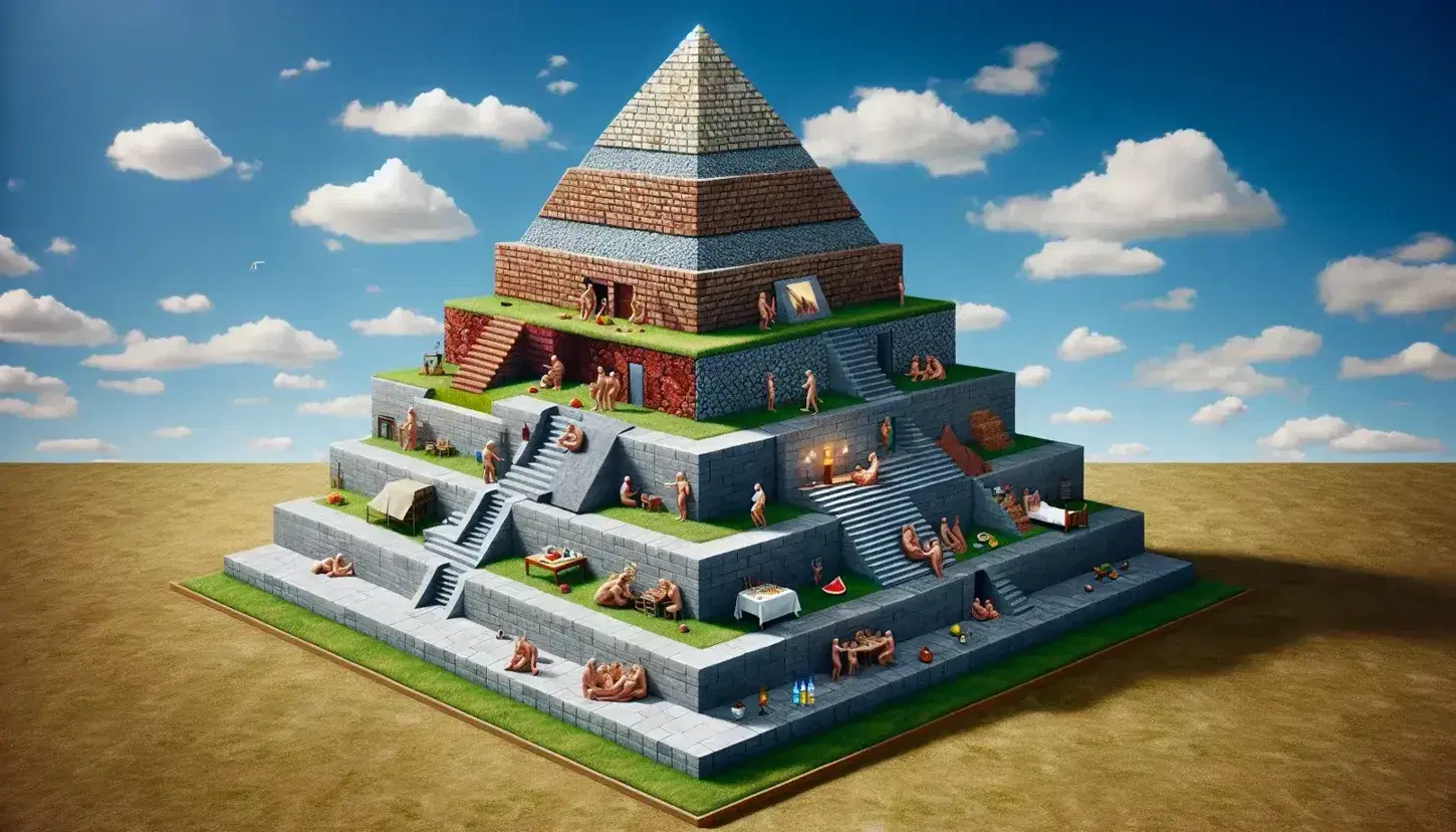 Pirámide tridimensional de cinco niveles en un entorno natural, con figuras humanas realizando actividades cotidianas en cada estrato, desde comer en la base hasta meditar en la cúspide dorada.