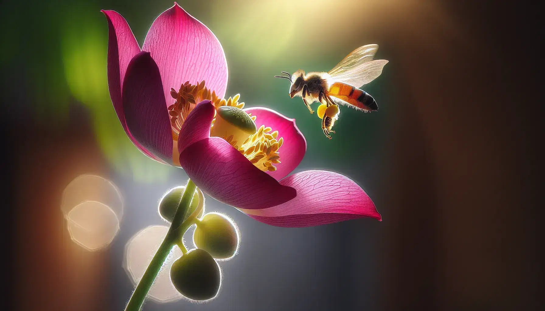 Abeja en vuelo acercándose a flor rosa con centro amarillo, alas translúcidas brillando al sol, polen en patas traseras, fondo natural desenfocado.