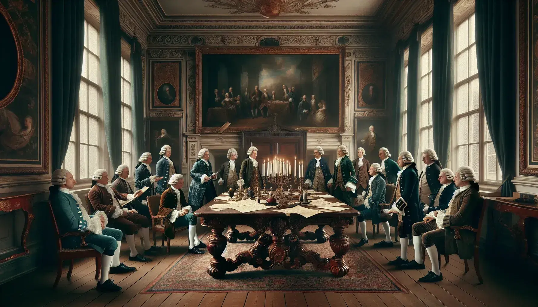 18th-century historical scene with men in period attire discussing documents around a large wooden table in an ornate room with gilded paintings.