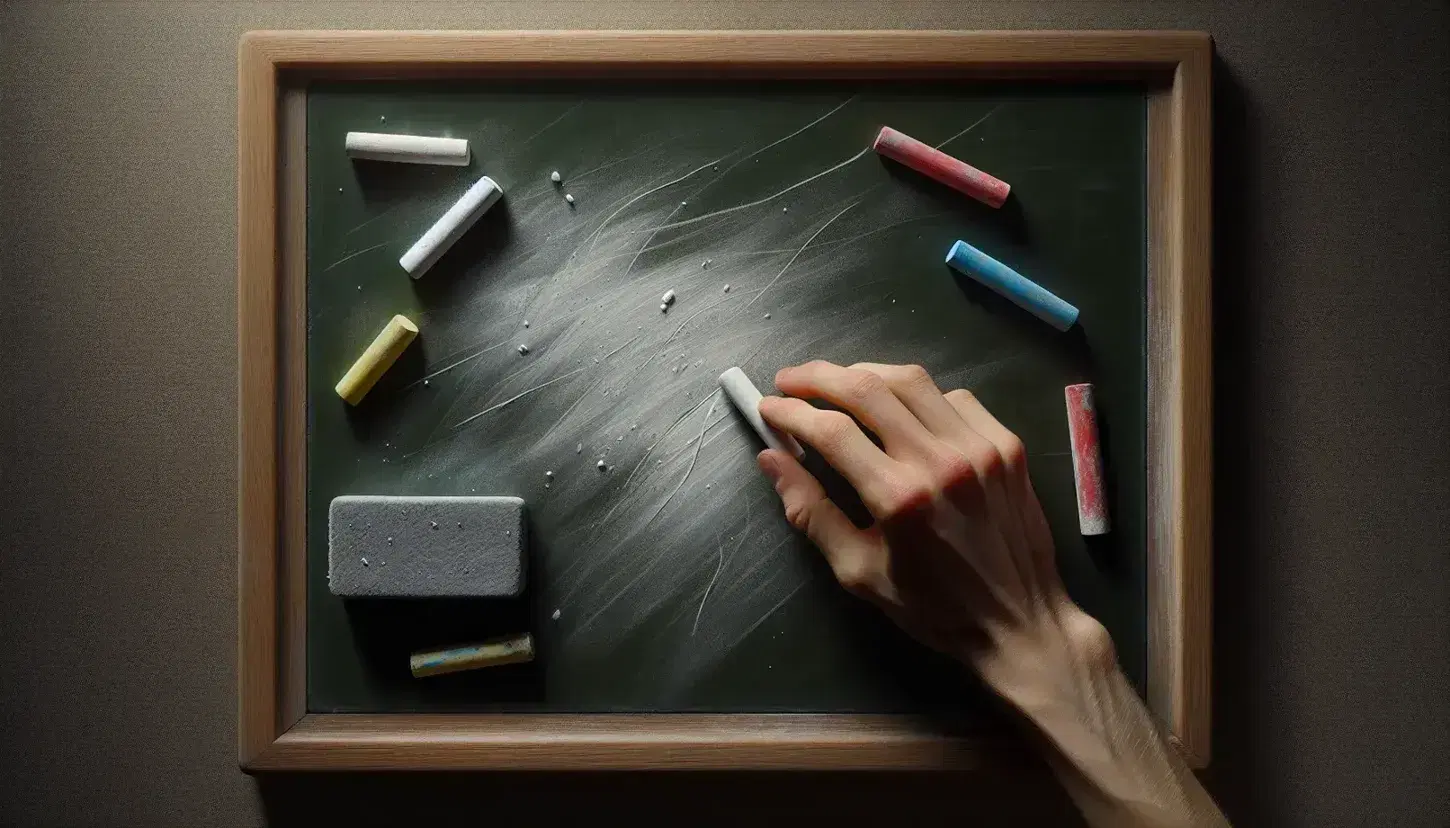 Pizarra verde oscura con bordes de madera y tizas de colores usadas junto a un borrador gris, y una mano sosteniendo una tiza blanca.
