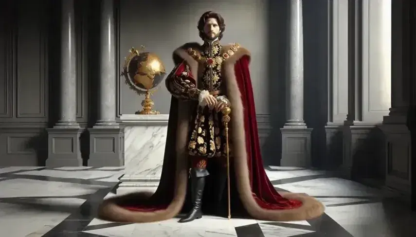 Ritratto di Carlo V d'Asburgo in abiti rinascimentali con mantello rosso, scettro dorato e globo celeste, in posa regale.