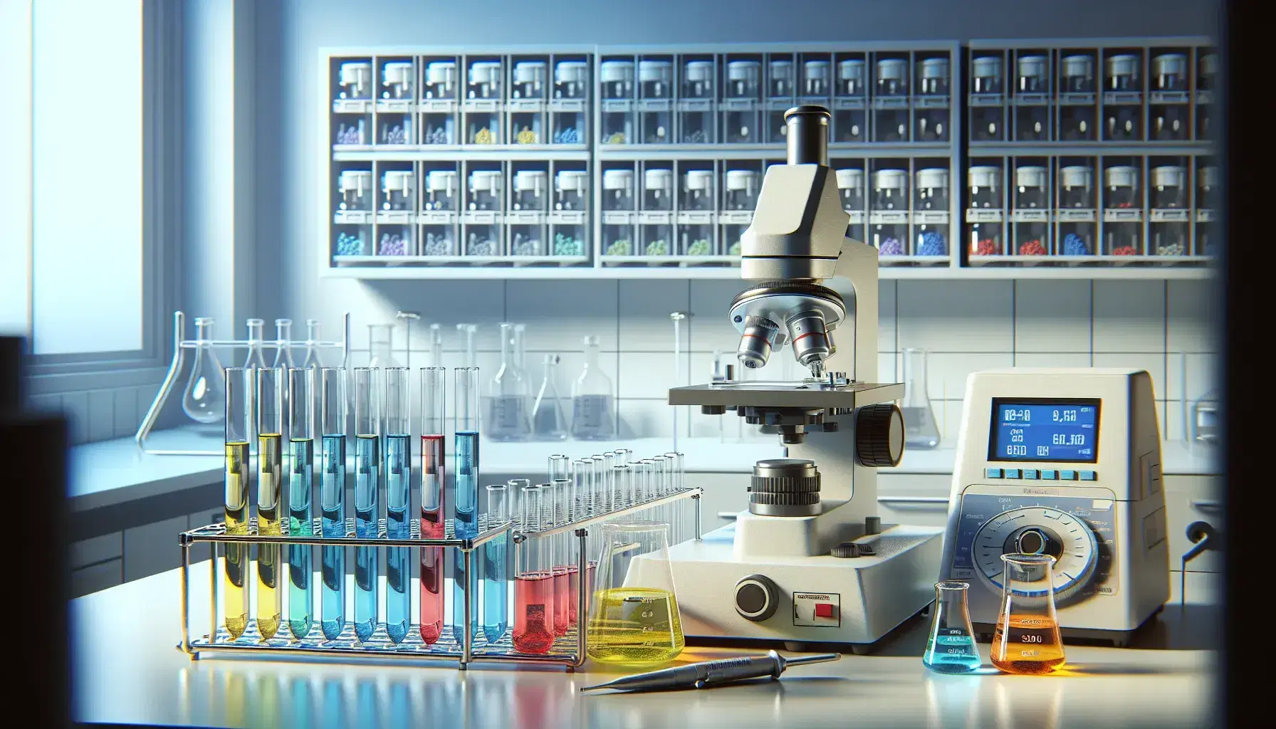 Laboratorio científico con tubos de ensayo de colores en estante metálico, microscopio, balanza analítica y pipeta automática sobre mesa blanca.