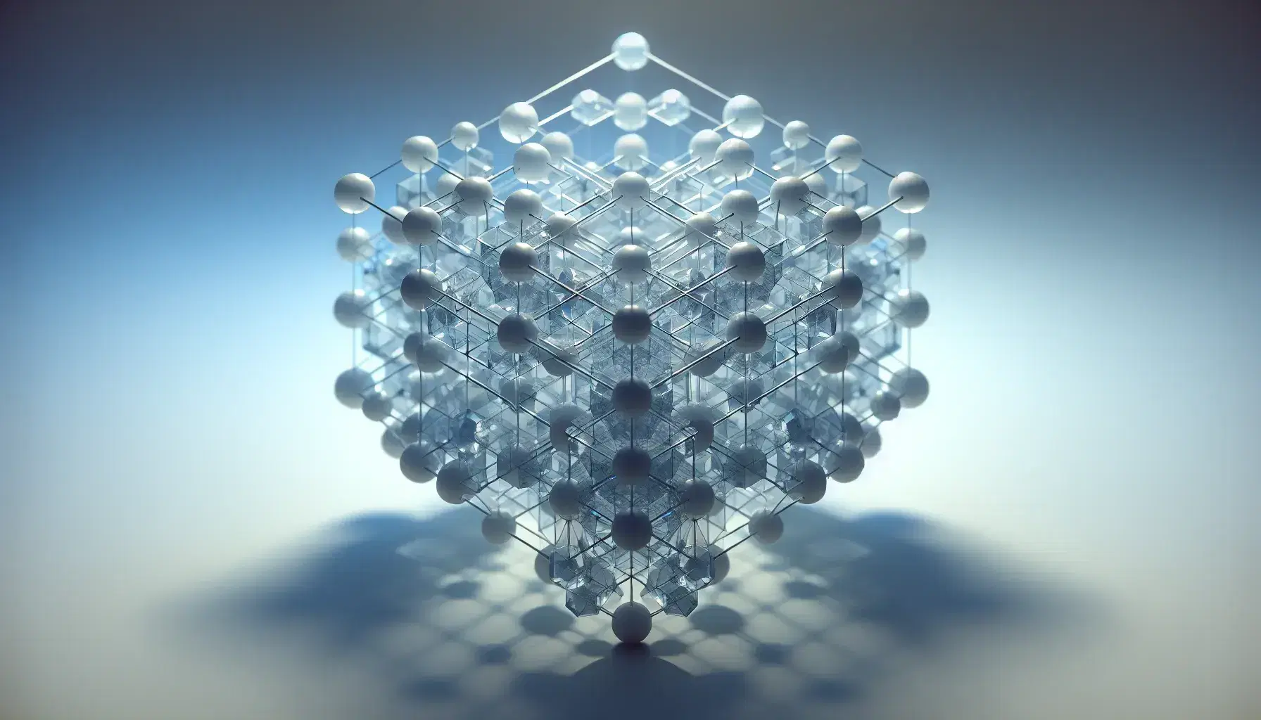 Transparent 3D geometric polyhedron with white vertices, metallic edges, and light blue faces against a soft blue-to-white gradient background.