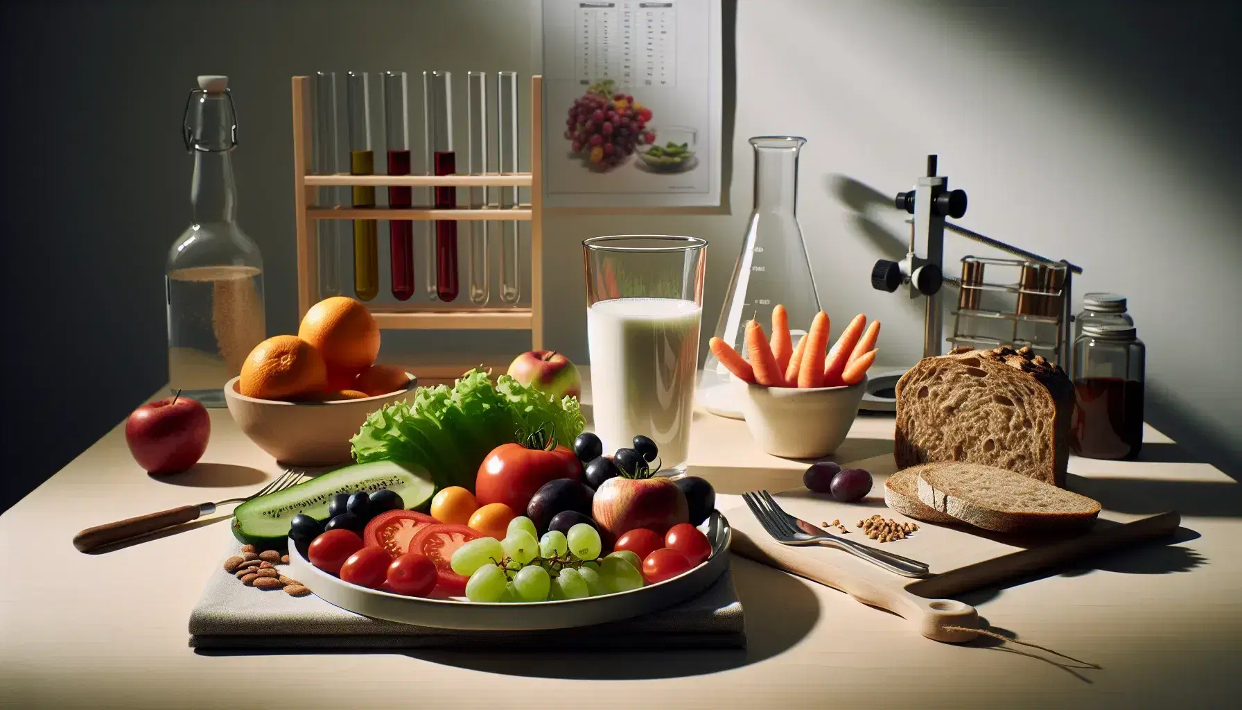 Plato de frutas y verduras frescas con leche y pan integral en primer plano, equipo de laboratorio desenfocado al fondo en superficie de madera clara.