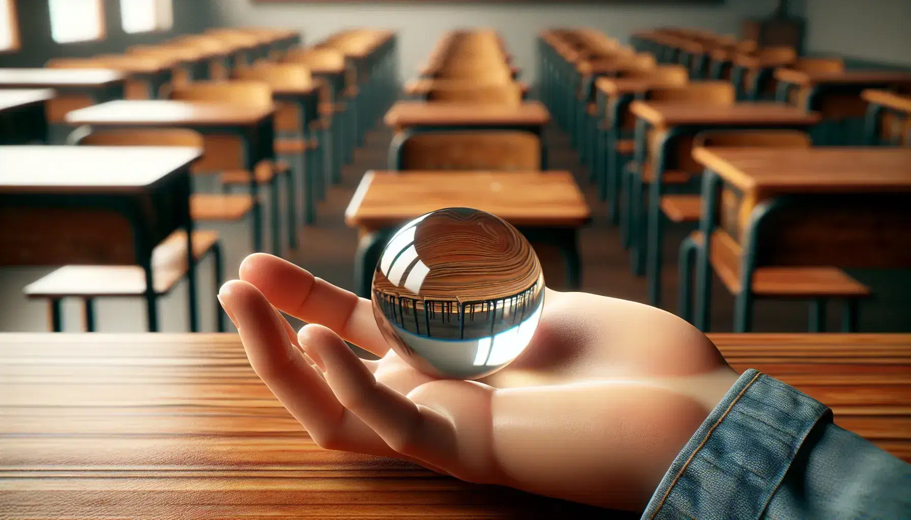 Close-up of hands holding a transparent glass marble in a classroom with wooden desks and chairs, evoking a serene learning environment.
