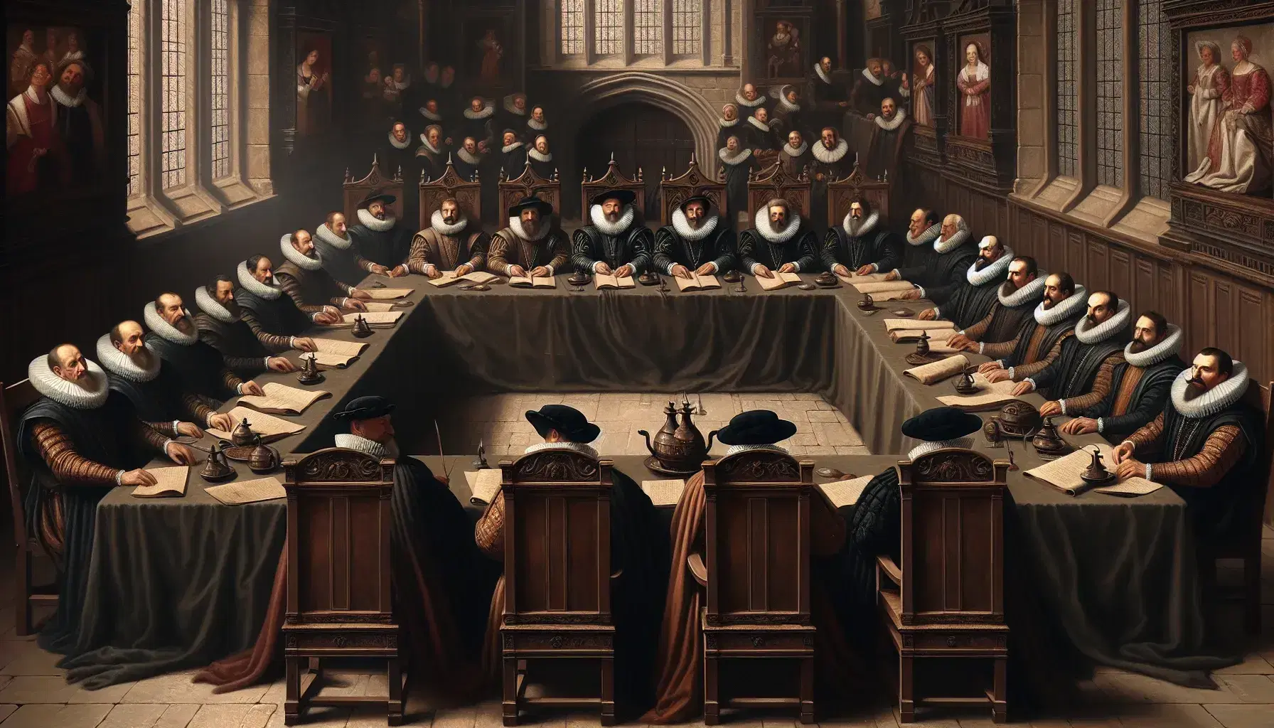 16th-century grand hall scene with men in period attire engaged in a serious discussion around a long wooden table adorned with quills, parchments, and goblets.