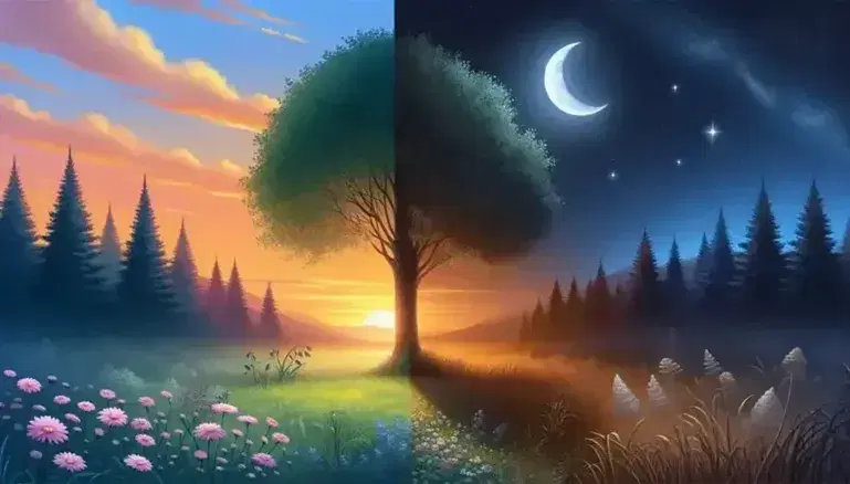 Natural landscape with sunset and crescent moon, sky fading from orange to midnight blue, leafy tree, deer and rabbit in the foreground.