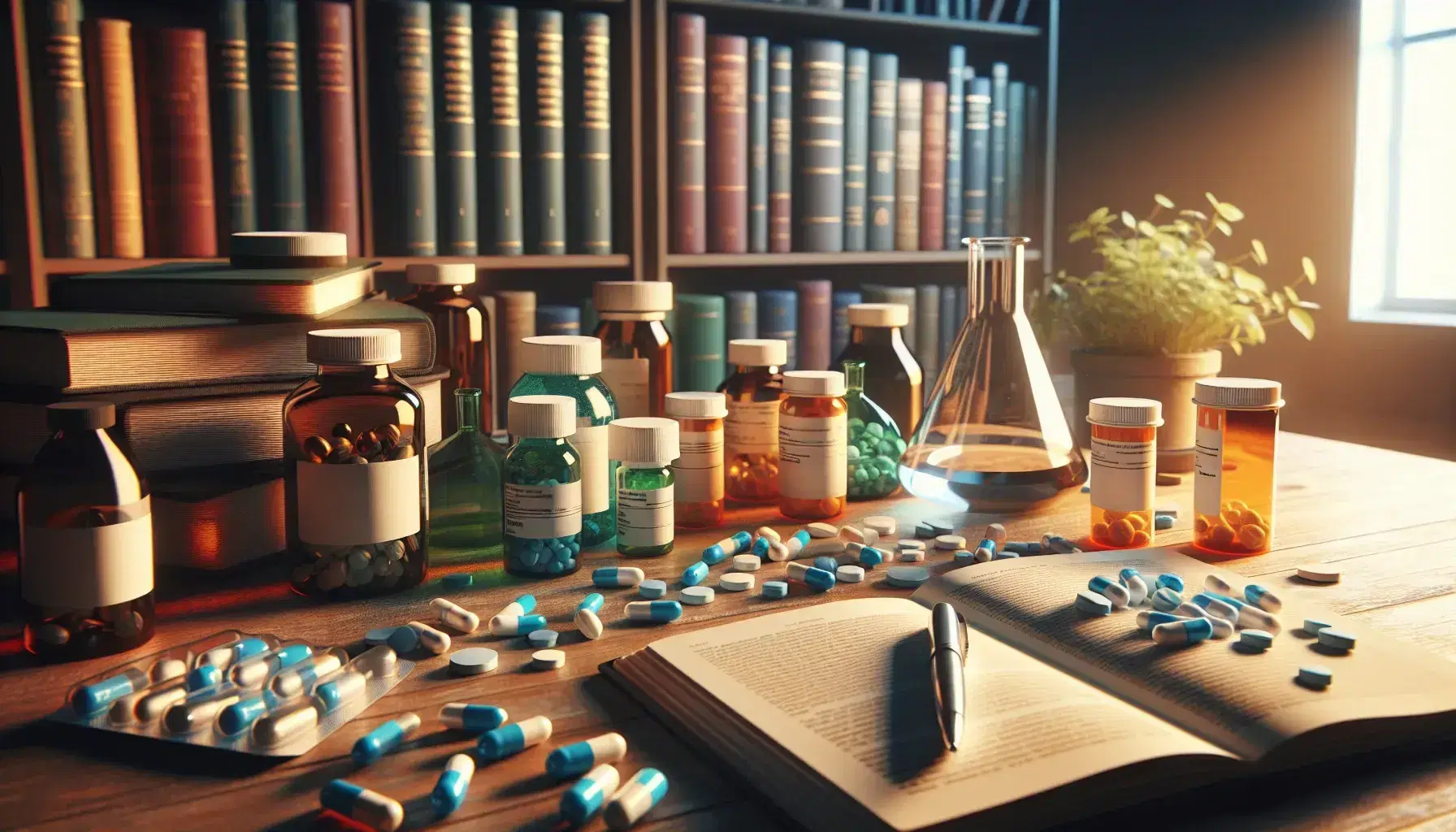 Messy desk with colorful pill bottles, scattered capsules, beaker, green plant and open notebook under soft light.