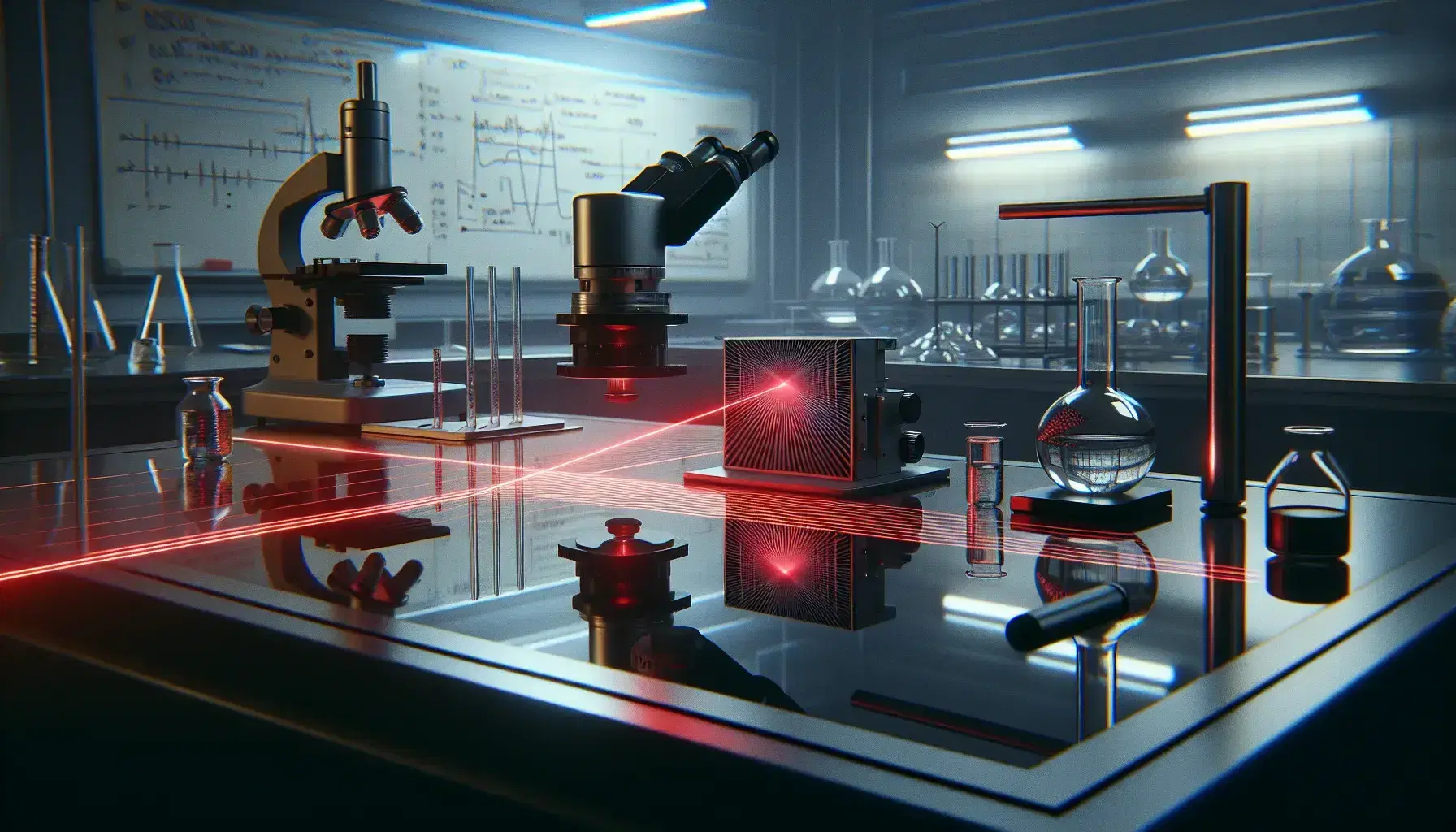 Science laboratory with laser equipment that emits a red beam and creates an interference pattern on a screen, next to microscope and test tubes.