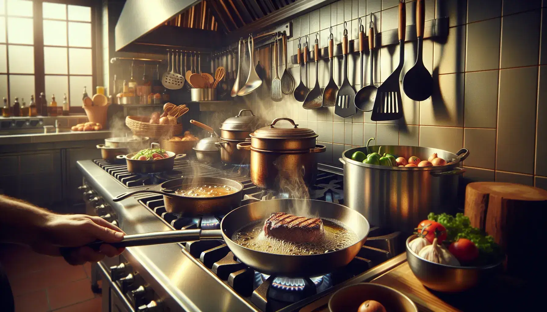 Cocina profesional con sartén en estufa dorando un filete, olla de hierro con vapor, freidora en uso y cazuela de barro con estofado, rodeada de utensilios y vegetales frescos.