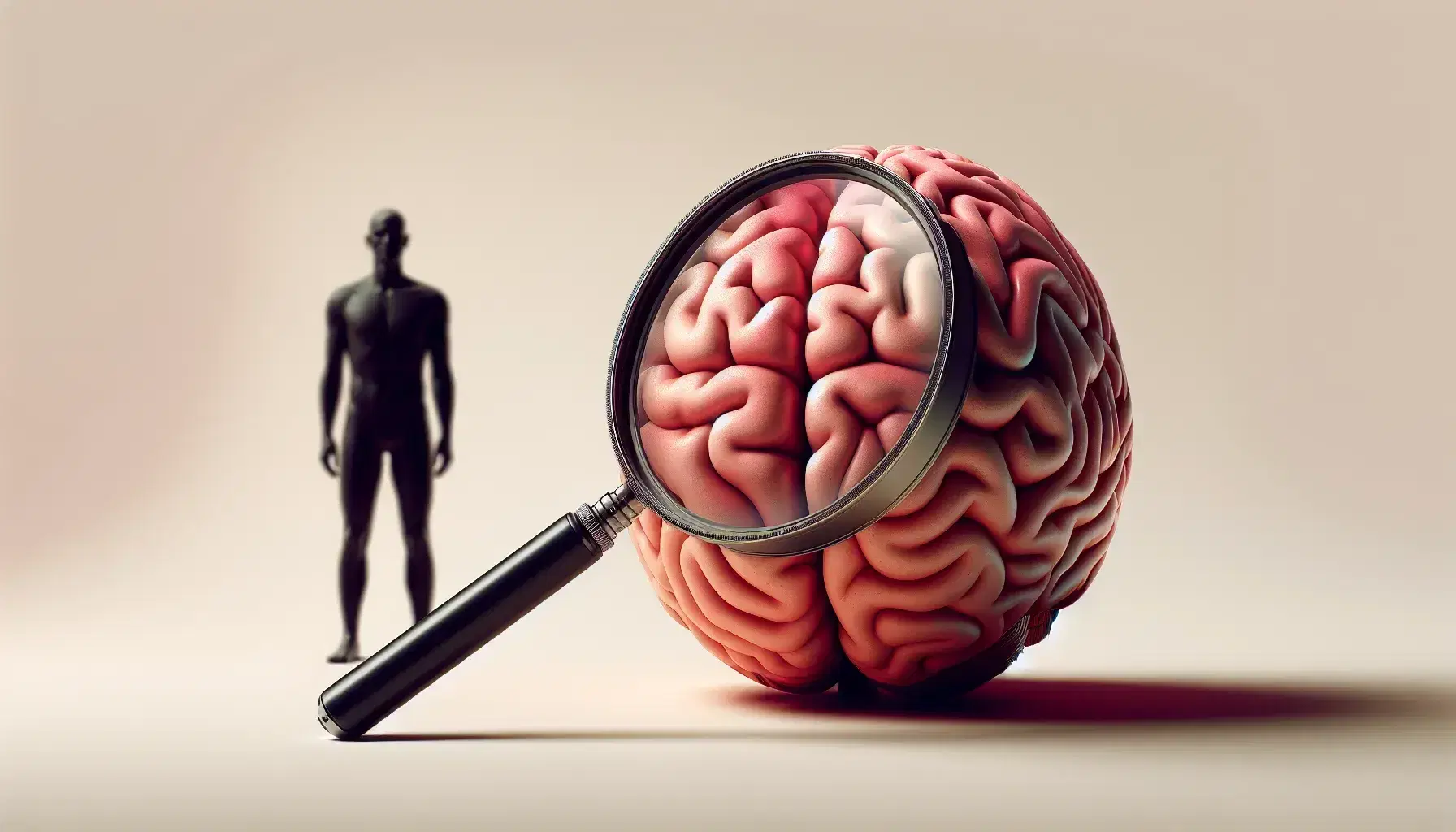 Cerebro humano en tonos rosados con surcos característicos, silueta de persona observándolo y lupa enfocando una sección para análisis detallado.