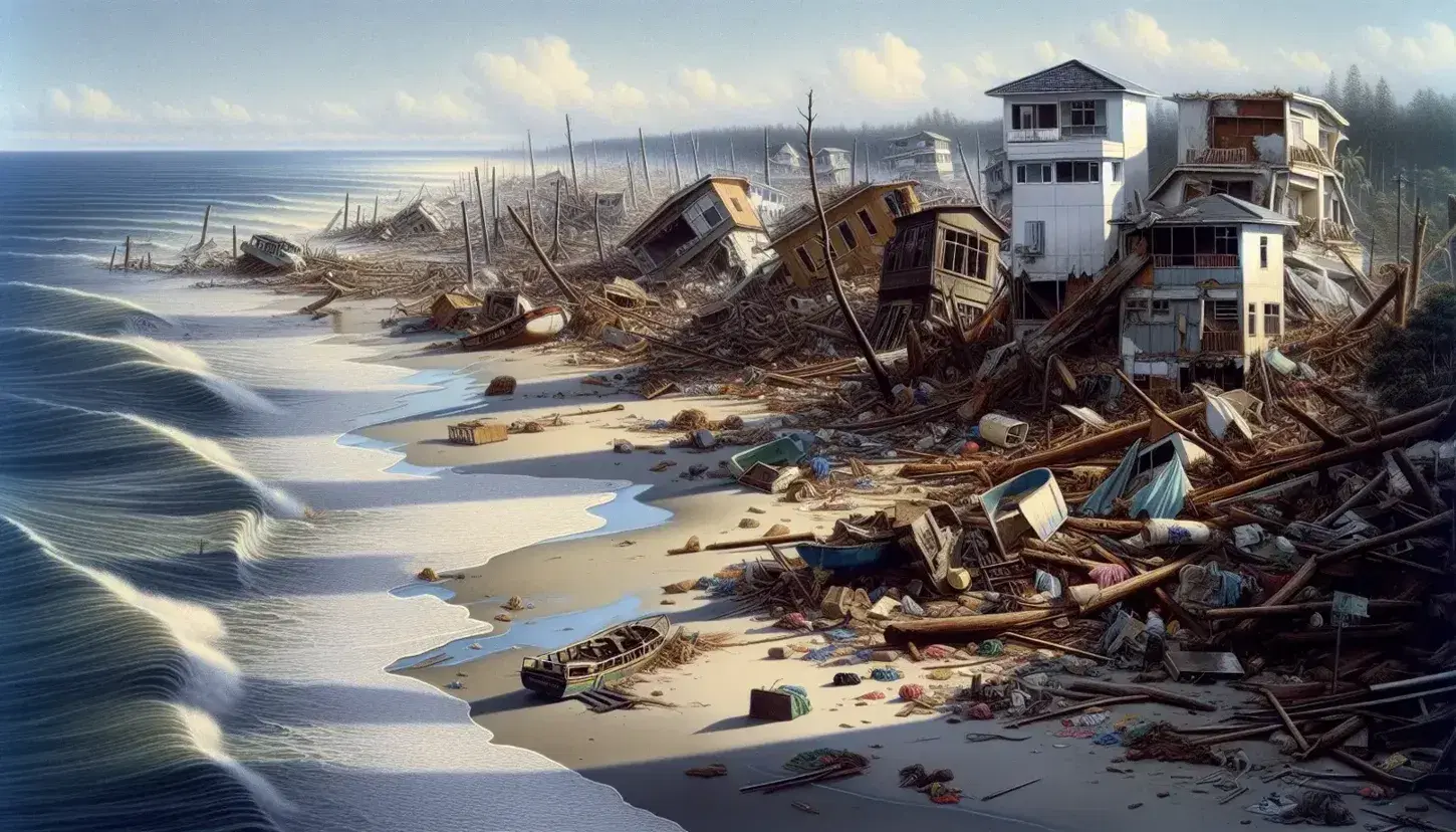 Coast devastated by a tsunami with scattered debris, uprooted trees, capsized boats and damaged buildings, calm sea in the background.