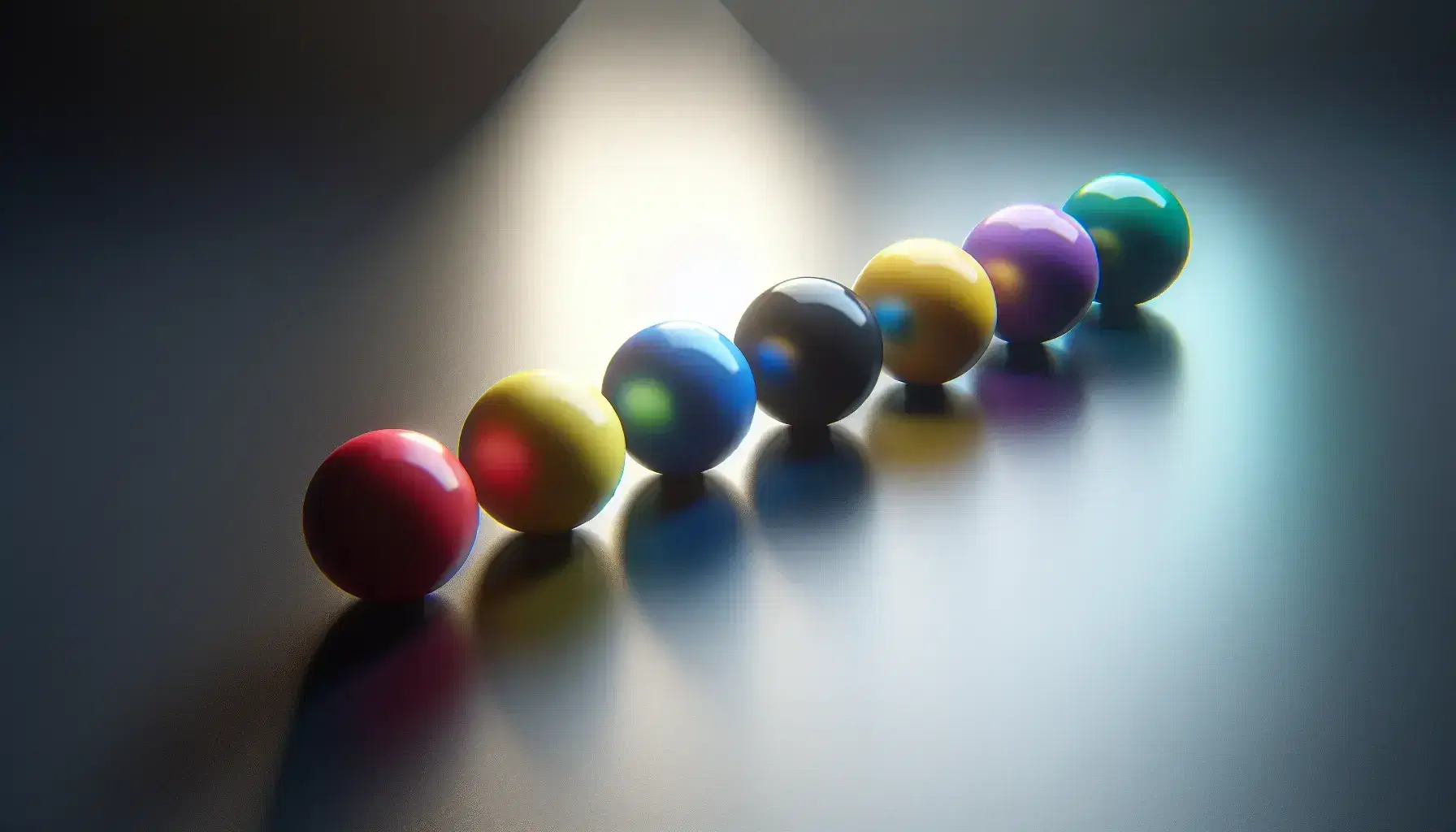 Five glossy colored balls in red, blue, green, yellow, and purple, evenly spaced on a matte black surface with a light gray background and soft shadows.