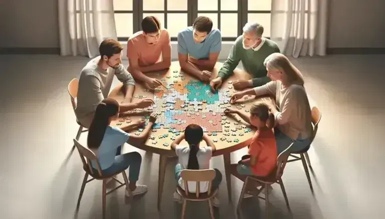 Grupo de cinco personas de diversas edades resolviendo un puzzle sobre mesa redonda de madera, con piezas de colores variados y luz natural de fondo.