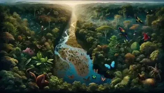 Vista aérea de un río serpenteante en una selva tropical con vegetación densa, animales silvestres y montañas en la distancia.