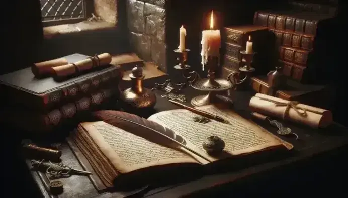 Scrivania antica in legno scuro con libro aperto, penna d'oca e calamaio argentato, pergamena e candela accesa su sfondo di muro in pietra.