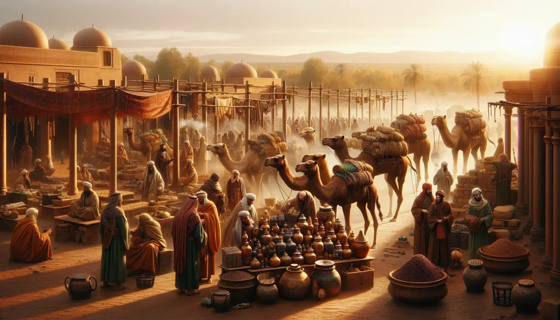 Bustling ancient desert market at golden hour with camels carrying incense, traders in earth-toned attire exchanging goods, and stalls with spices.