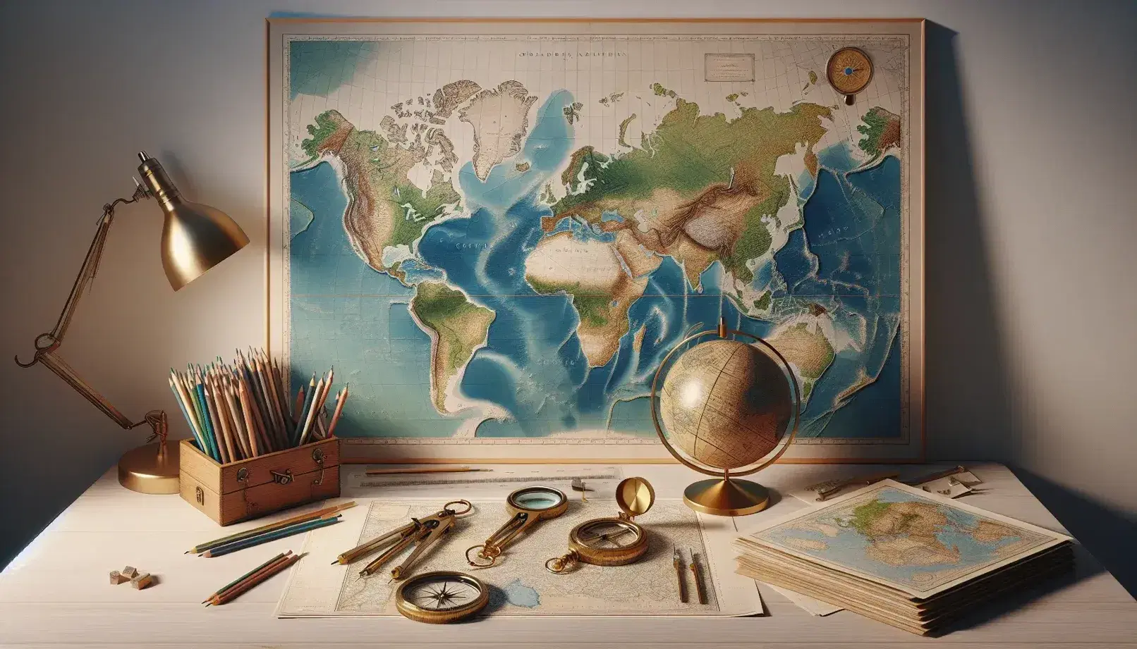 Scrivania in legno chiaro con mappa geografica, bussole, globo terrestre, lente d'ingrandimento, righello e matite colorate.