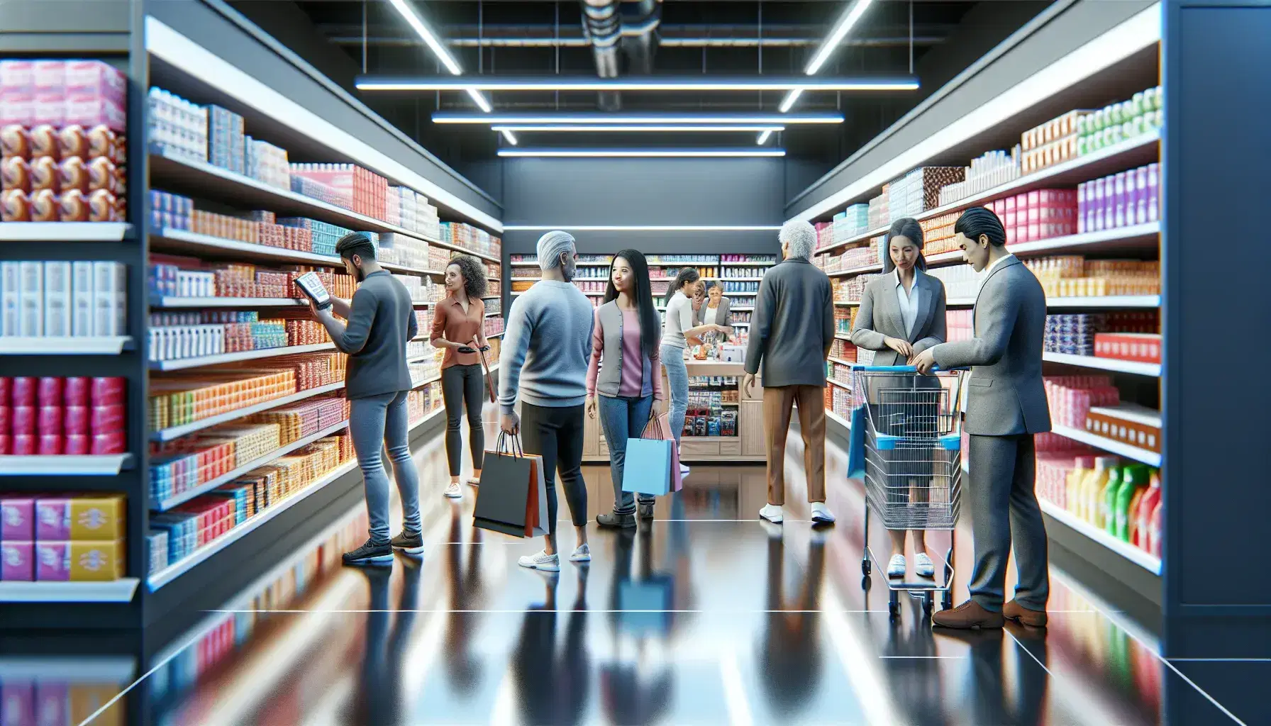 Diverse customers shopping in a well-lit store with organized shelves of colorful merchandise, a cashier scanning items at the checkout.
