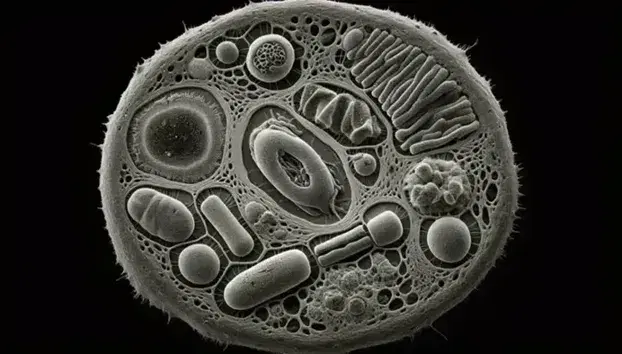 Vista microscopica elettronica di una cellula vegetale con nucleo, cloroplasti, mitocondri e citoscheletro evidenziati in diverse tonalità di grigio.