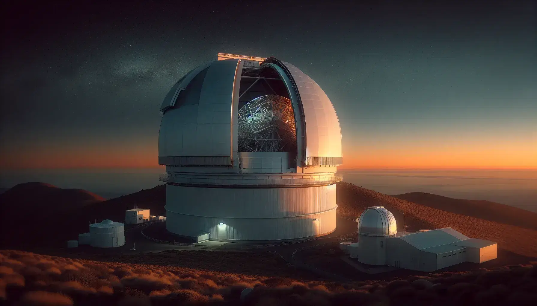 Ground-based observatory with open dome revealing telescope at twilight, atop a hill with clear, starry sky transitioning from orange to blue.