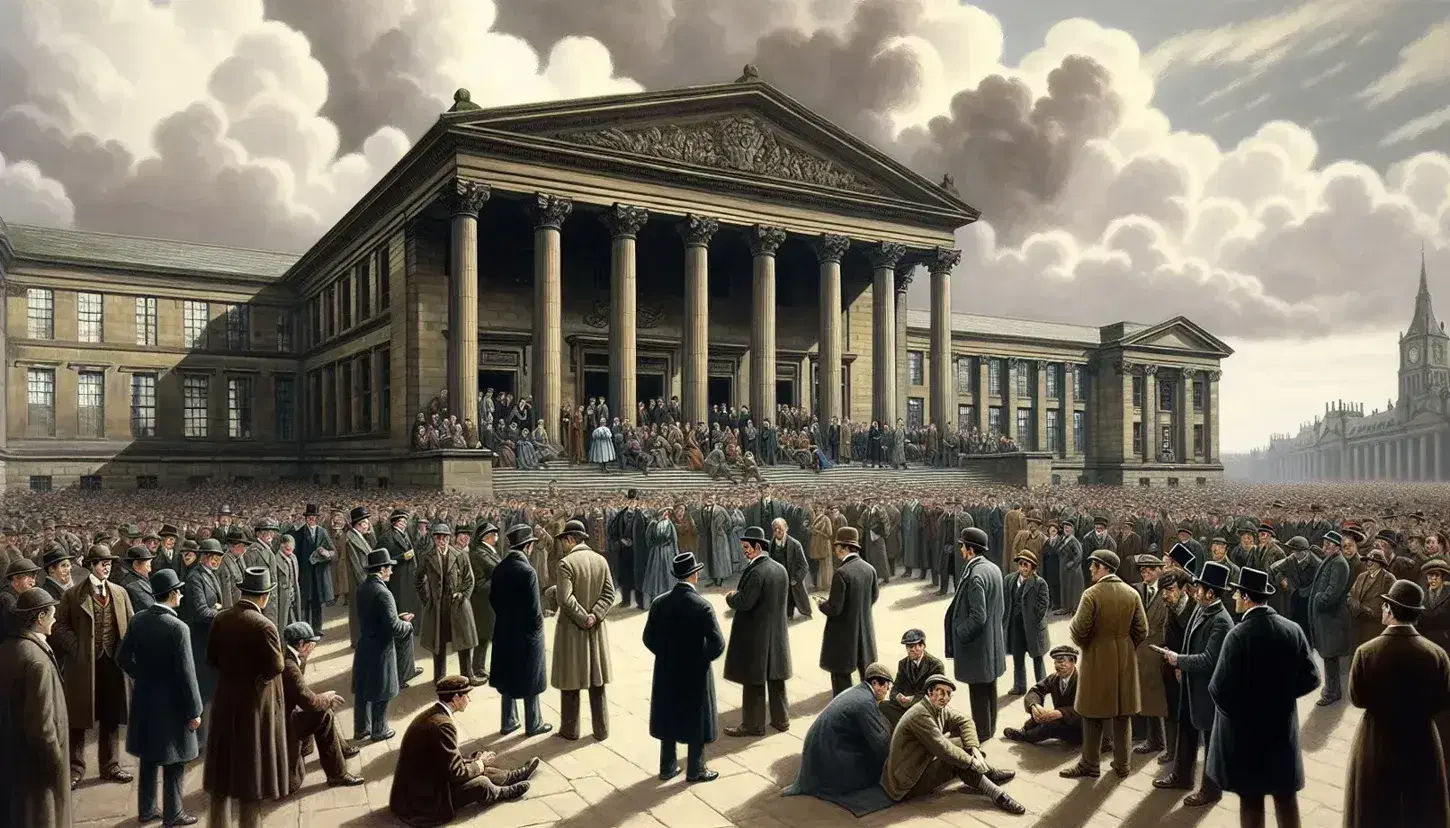 Multitud de personas vestidas con atuendos de principios del siglo XX frente a edificio de piedra con columnas, expresando expectativa o preocupación bajo cielo parcialmente nublado.