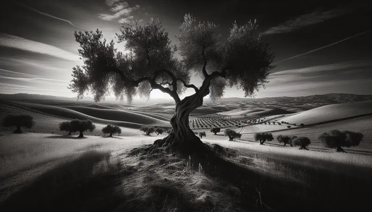 Paisaje rural andaluz con olivo en primer plano, campo abierto y colinas suaves al fondo bajo un cielo amplio y nublado al amanecer o atardecer.