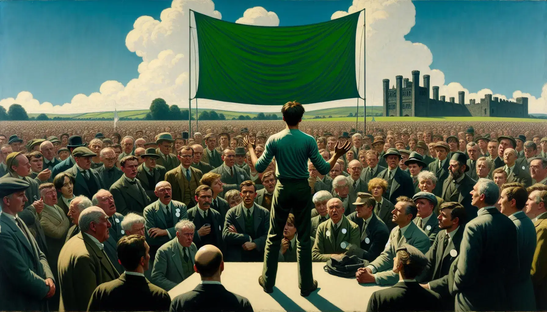 Outdoor gathering with engaged crowd and speaker in front of a green banner, clear sky, and distant hilltop castle.
