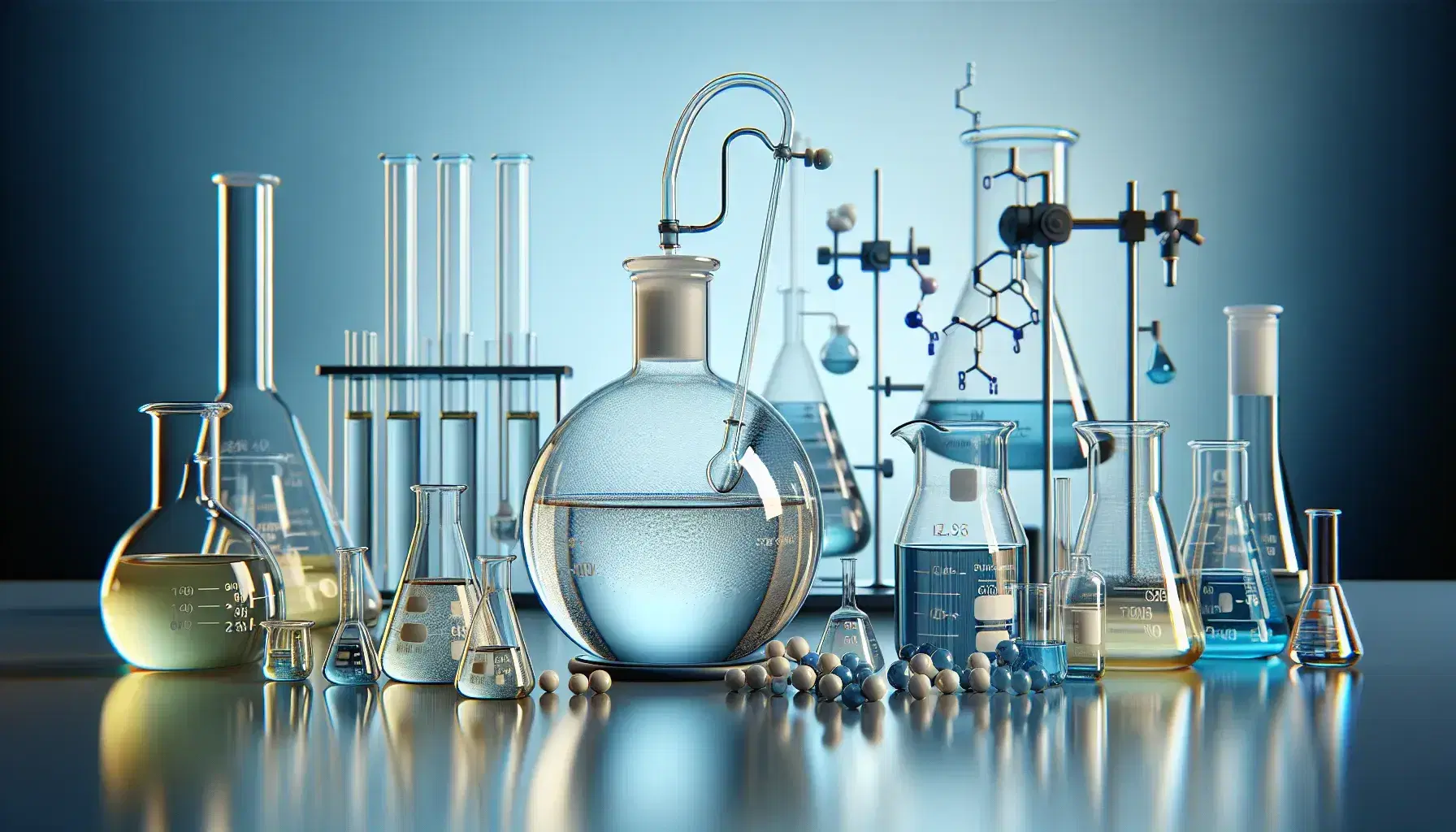 Polymer chemistry laboratory with glass material, round bottom bottle connected to Liebig condenser and beakers with colored liquids.
