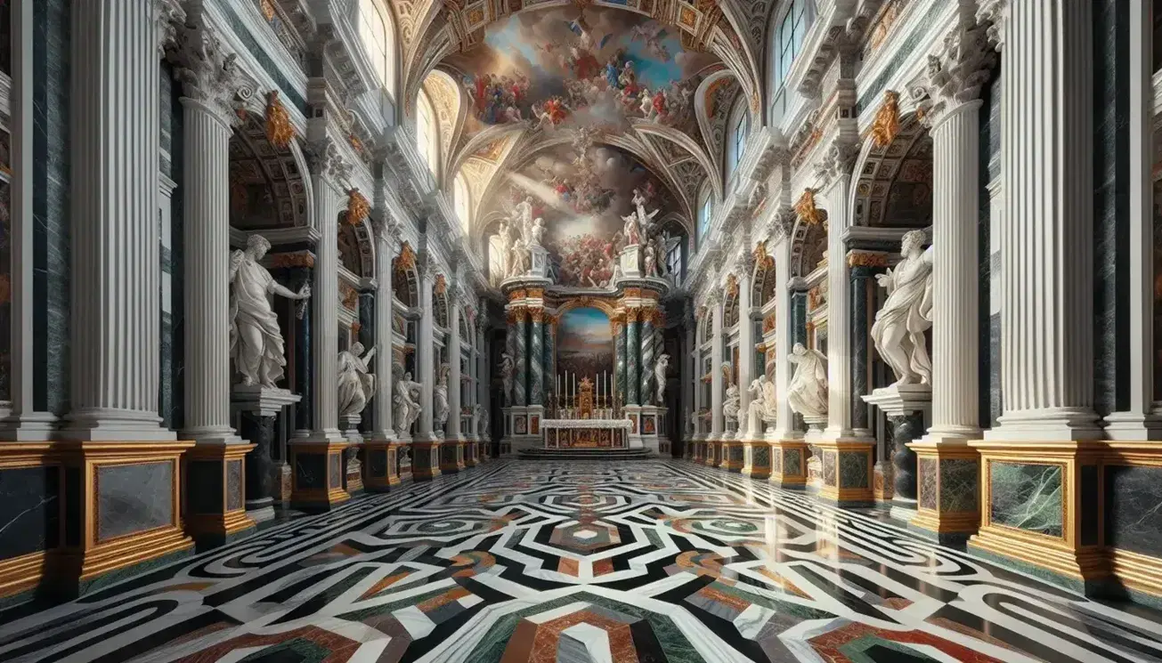 Interno di chiesa barocca con colonne corinzie, pavimento in marmi policromi, affreschi e statuaria dettagliata, verso l'altare maestoso.