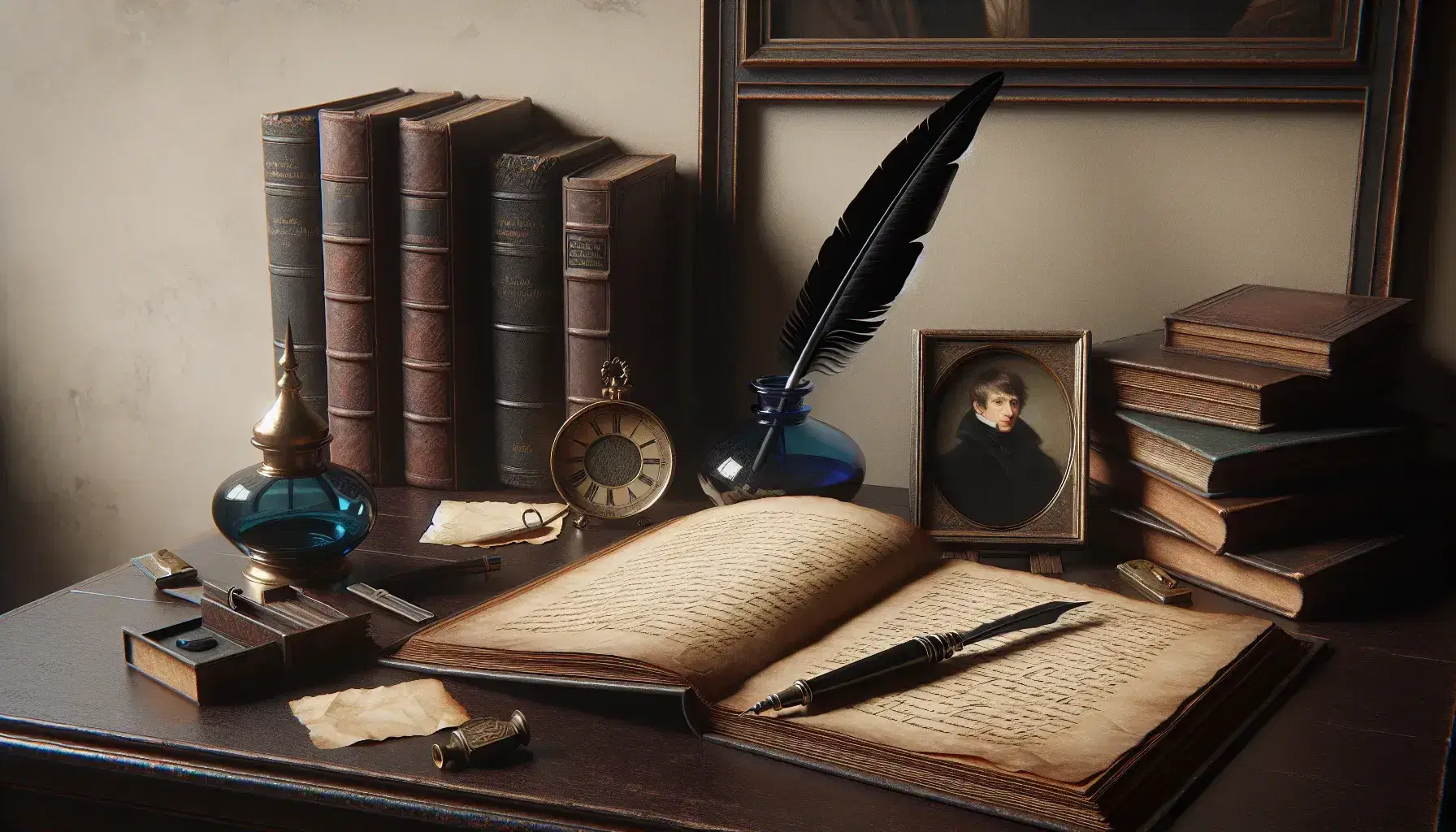 Scrivania in legno con libro antico aperto, calamaio blu, penna d'oca, carta accartocciata e lente d'ingrandimento, ritratto in bianco e nero sullo sfondo.