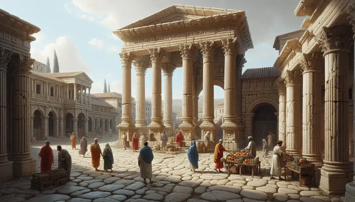 Scena di vita quotidiana in un foro romano antico con colonne corinzie, persone in abiti colorati e venditori ambulanti.