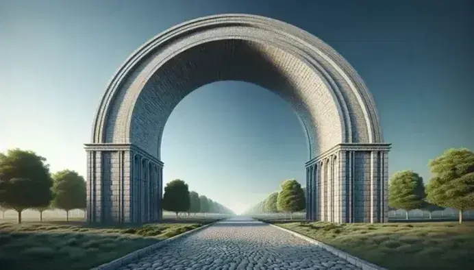 Gray stone parabolic arch with blue sky, green trees on the sides and cobblestone path below, curved shadow on the path.