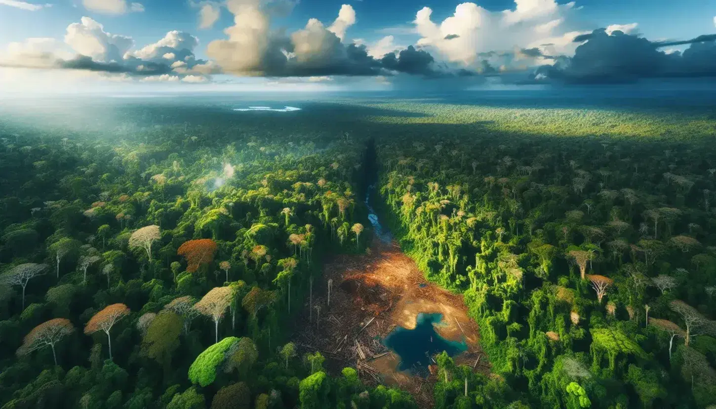 Vista aerea di una foresta rigogliosa con fiume serpeggiante e zona di deforestazione, senza segni di presenza umana o animale.