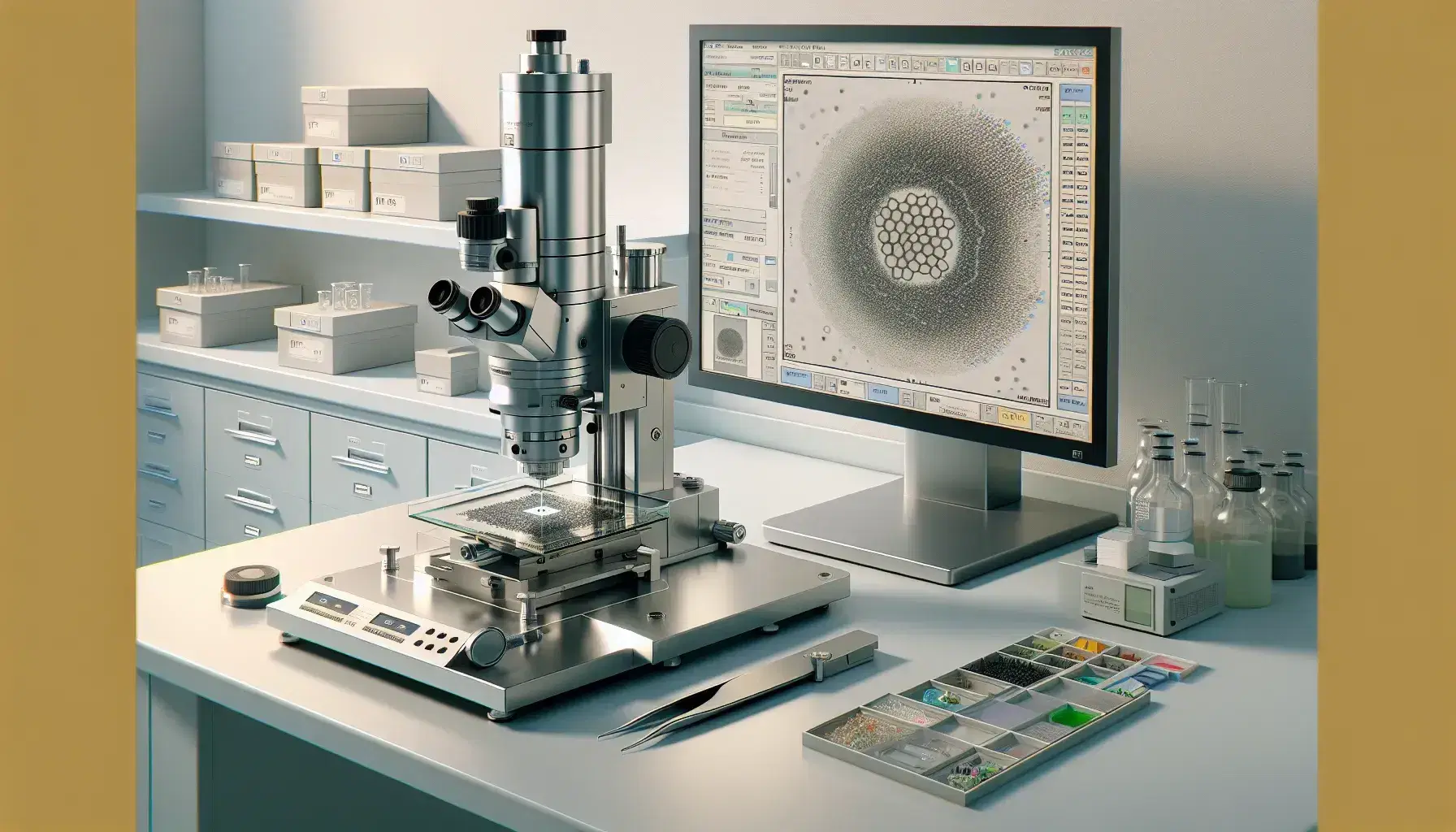 Microscopio elettronico a trasmissione grigio metallico su tavolo da laboratorio con pellicola contenente campioni biologici e computer che mostra struttura proteica.