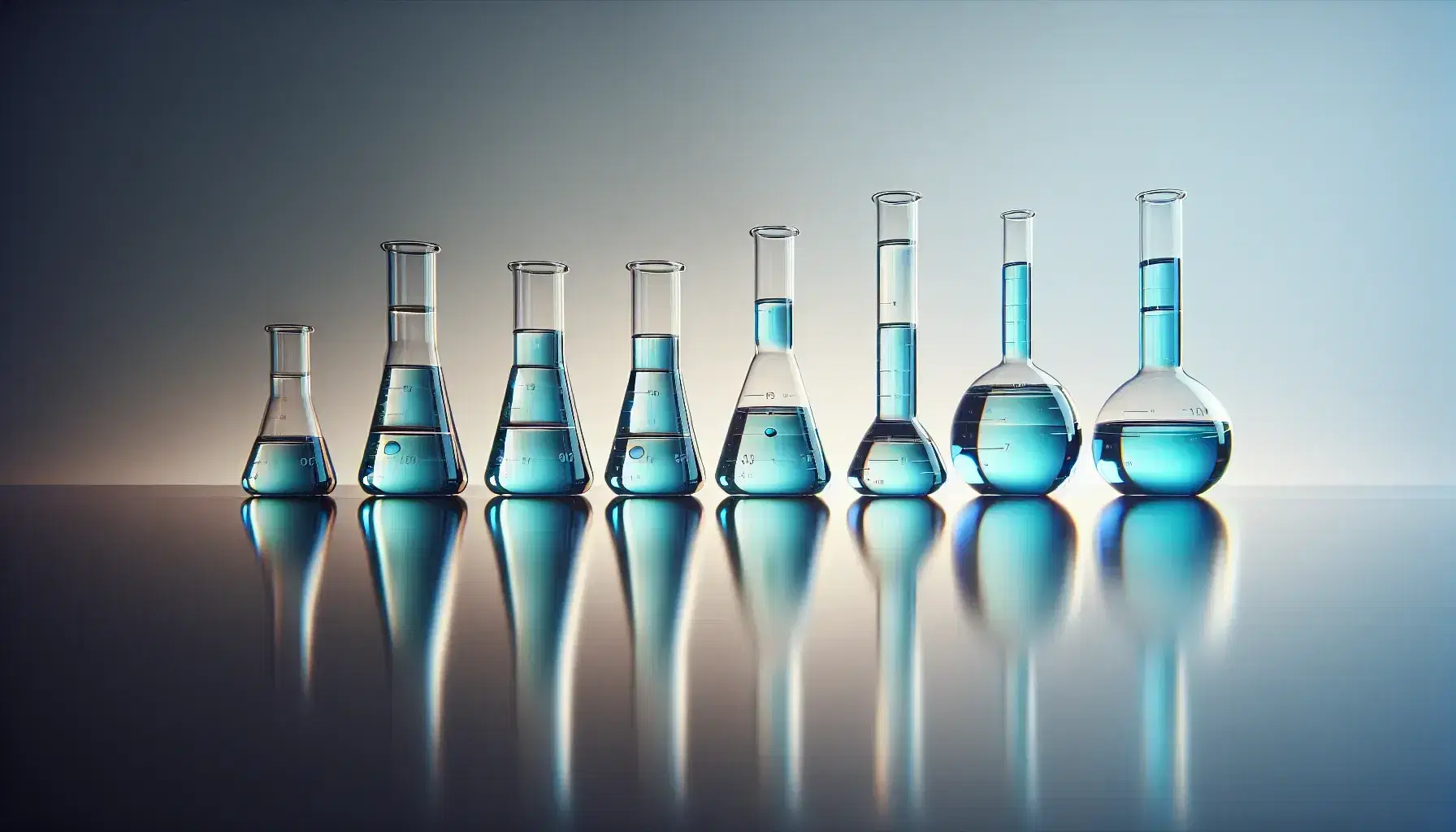 Set of glass flasks on reflective surface with blue liquid in increasing gradation from left to right, blurred gray background.