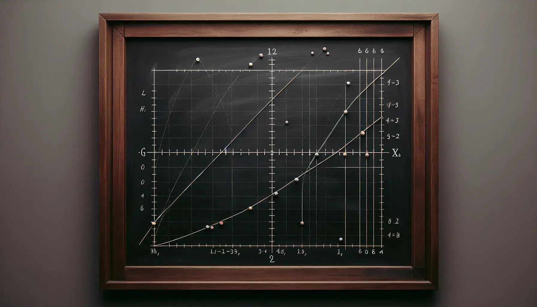 Traditional blackboard with wooden frame and Cartesian coordinate system drawn in chalk, with data points and possible trend line.