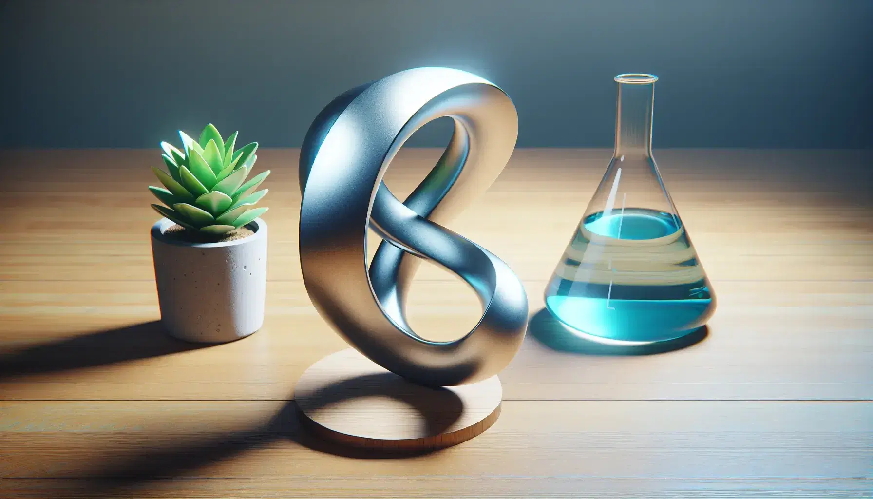 Möbius strip with a metallic finish stands on a wooden desk beside a glass flask with blue liquid and a potted plant with green leaves.