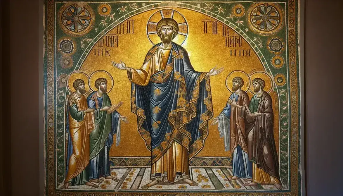 Mosaico bizantino con figura central en túnica azul y dorada bendiciendo y dos figuras laterales en actitud de veneración sobre fondo dorado con detalles geométricos.