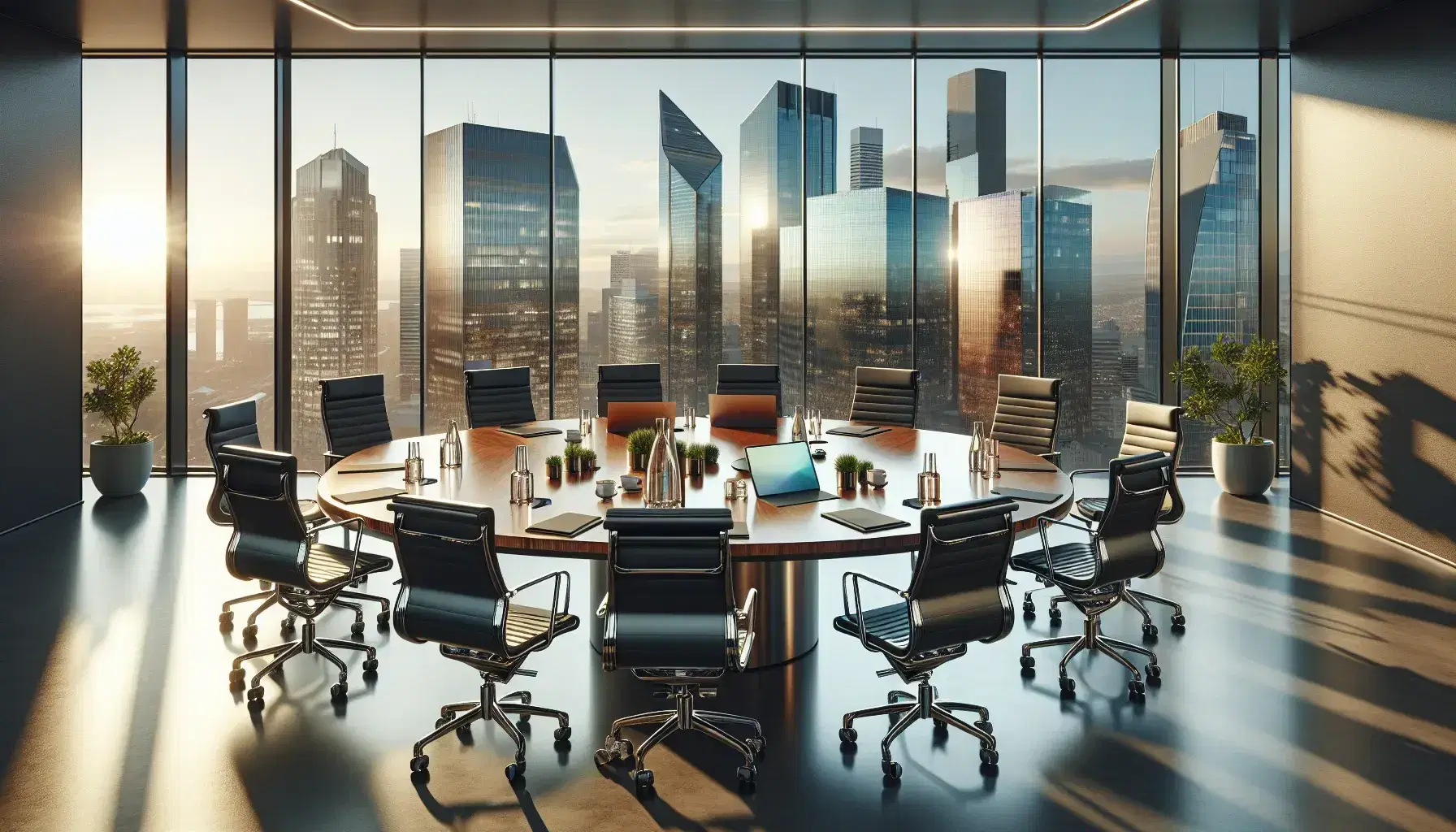 Modern boardroom with oval wooden table, black swivel chairs, tech devices, and a cityscape view through panoramic window at sunset.